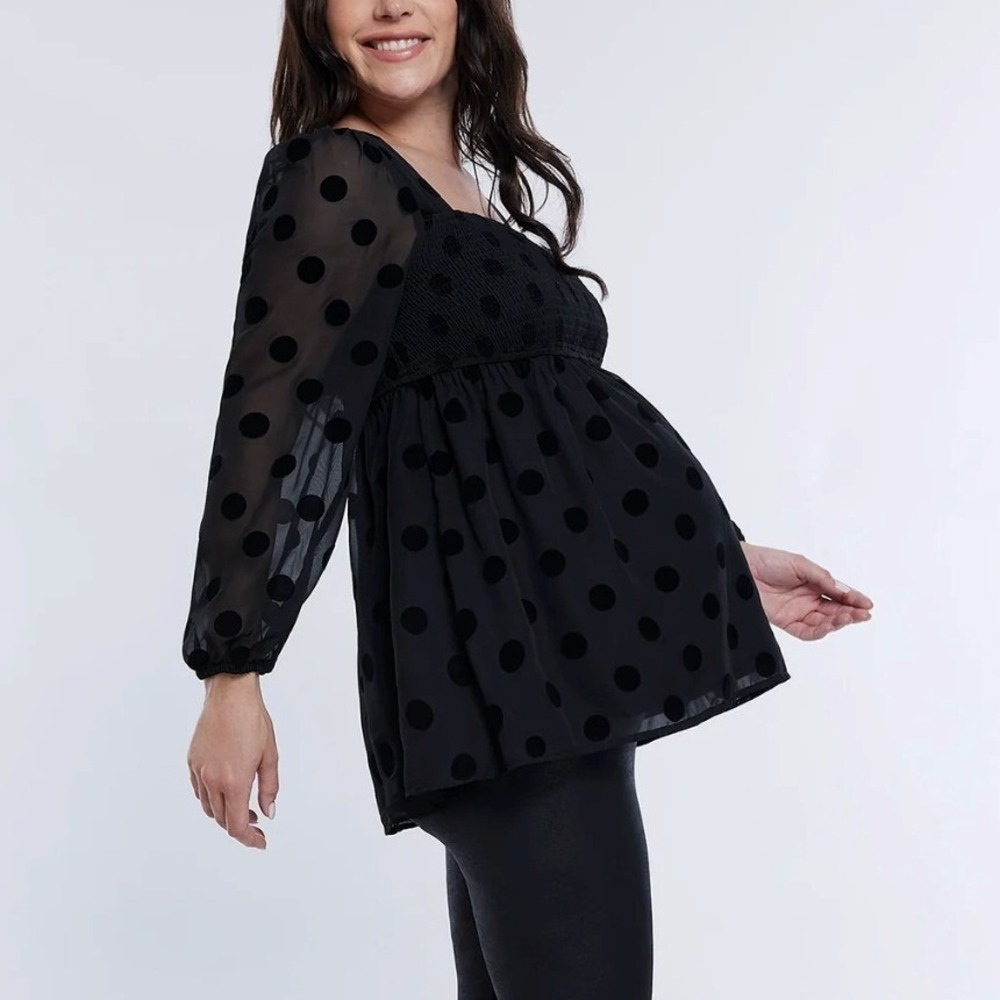 Motherhood Womens Maternity Blouse L Black Velvet Polka Dot Mocked Empire Waist